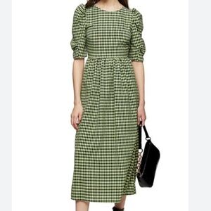 TOPSHOP Lime Green Gingham Lace Up Back Midi Dress Size 2